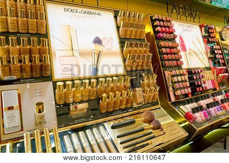 ROME, ITALY - CIRCA NOVEMBER, 2017: Dolce & Gabbana beauty products sit on display at a second flagship store of Rinascente in Rome. Dolce & Gabbana is an Italian luxury fashion house
