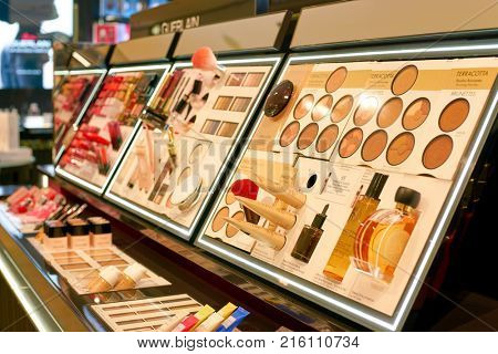 ROME, ITALY - CIRCA NOVEMBER, 2017: Guerlain cosmetics on display at a second flagship store of Rinascente in Rome.