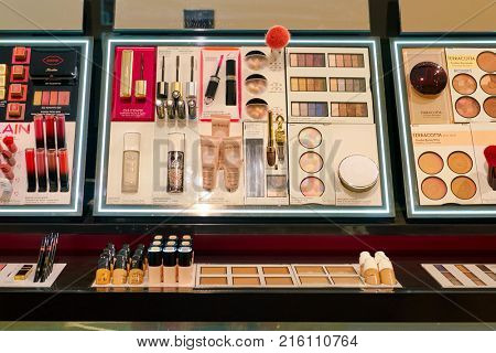 ROME, ITALY - CIRCA NOVEMBER, 2017: Guerlain cosmetics on display at a second flagship store of Rinascente in Rome.