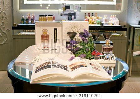 ROME, ITALY - CIRCA NOVEMBER, 2017: bottle of Guerlain fragrance sit on display at a second flagship store of Rinascente in Rome.
