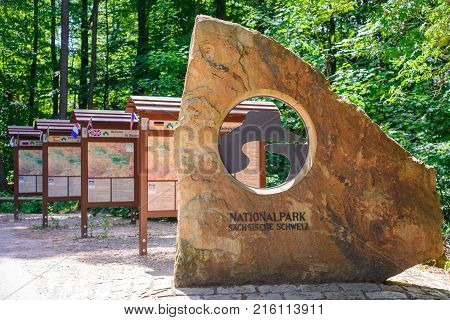 Rathen Germany - May 2017: Entrance Stone To National Park Saechsische Schweiz - Saxon Switzerland N