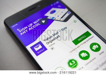 Berlin Germany - November 19 2017: Yahoo mail application on screen modern smartphone in Play Store. Yahoo mail app