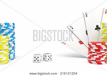 3d rendering of four different ace cards with casino chip stacks and white dice. Bets and stakes. Lose or win. Casino and luck.