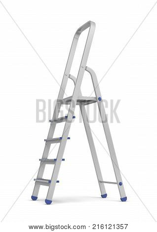 3d rendering of a single metal builder's step ladder with blue fittings isolated on white background. Working on height. Building and construction. Manual work.