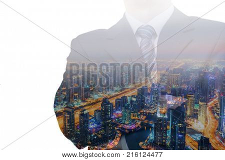 Businessman in suit and tie and view of city with skyscrapers at night, collage, noface
