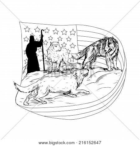 Drawing sketch style illustration of a sheepdog or border collie defend a lamb from being attacked and preyed on by lamb with American stars and stripes flag and shepherd in bakcground.