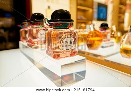 ROME, ITALY - CIRCA NOVEMBER, 2017: bottles of Hermes fragrance sit on display at a second flagship store of Rinascente in Rome.