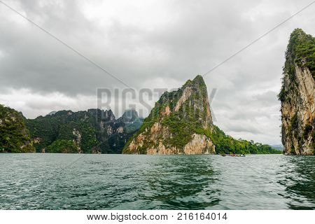 Island in the dam with tree from the boat view Southern of Thailand Surat Thani