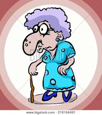 A picture of and old woman wig a cane walking