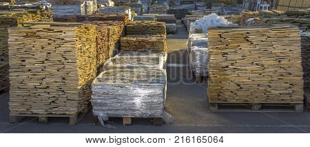 decorative building stone on a pallet can be used for advertising.