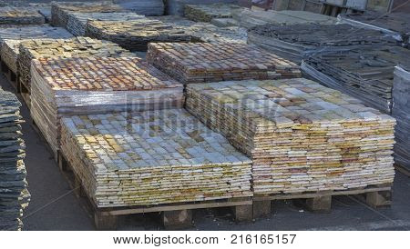 decorative building stone on a pallet can be used for advertising.