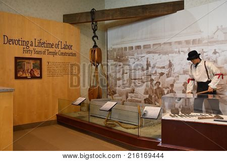 SALT LAKE CITY, UT - AUG 28: South Visitors Center at Temple Square in Salt Lake City, Utah, as seen on Aug 28, 2017. It focuses on the temple and the importance of families in the Lord's plan for His children.