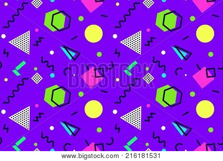 Memphis seamless pattern 80's-90's styles on dark background. Trendy memphis style. Vector Illustration in memphis style