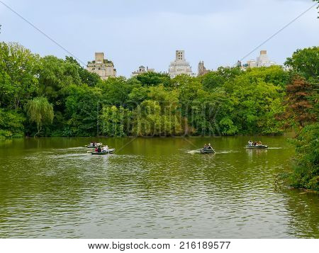 New York - Sep 2017: The Lake in Autumn Central Park New York City