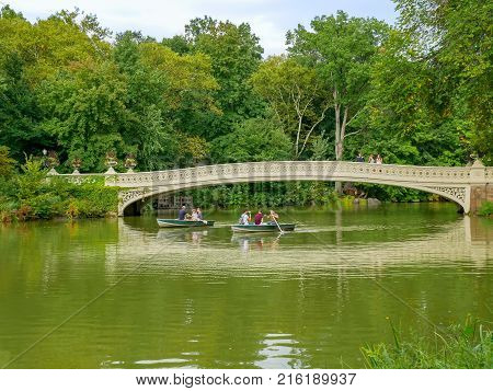 New York - Sep 2017: Bow Bridge in Autumn Central Park New York City