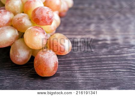 Close-up part of wet tassel of ripe yellow-green-red grapes is lying on old dark wooden table with copy space. Selective focus.