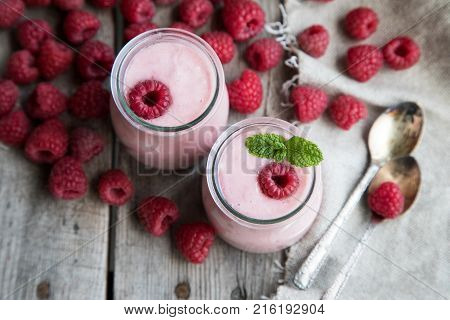 Yogurt Smoothie With Raspberries, Fruit Dessert. Berry Smoothie. Healthy Dieting Concept