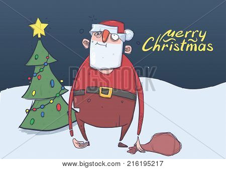 Christmas card of drunk Santa Claus with a bag standing next to Christmas tree in the snowy night. Wasted happy Santa. Horisontal vector illustration. Cartoon character. Lettering. Copy space.
