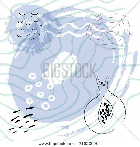 Minimalistic background with paint brush strokes and abstract pomegranate silhouette. Hand drawn elements with white black and blue colors. Vector design.