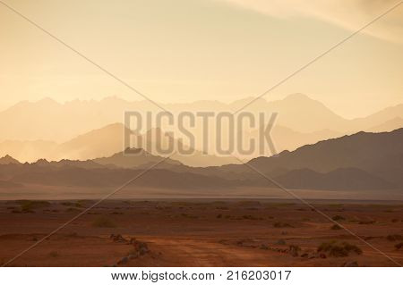 Mountains in the Sinai desert at sunset. Nabq, Egypt