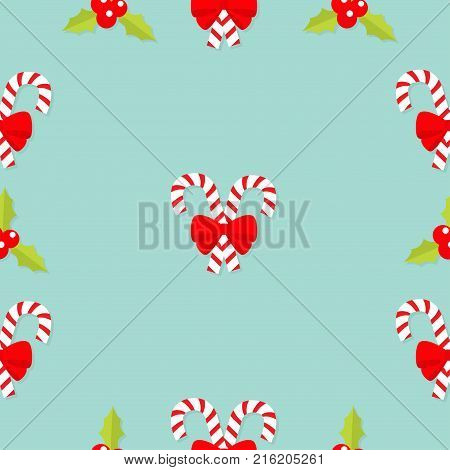 Merry Christmas Candy Cane stick with red bow. Holly berry icon. Mistletoe. Green leaf Three red berries. Seamless Pattern. Flat design. Blue background. Vector illustration.