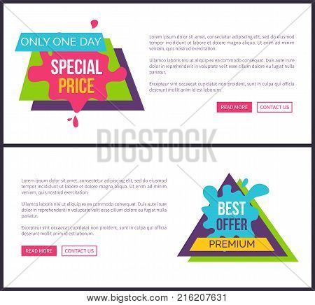Only one day special price best offer premium labels stickers on vector web posters with buttons read more and contact us, place for text on banner