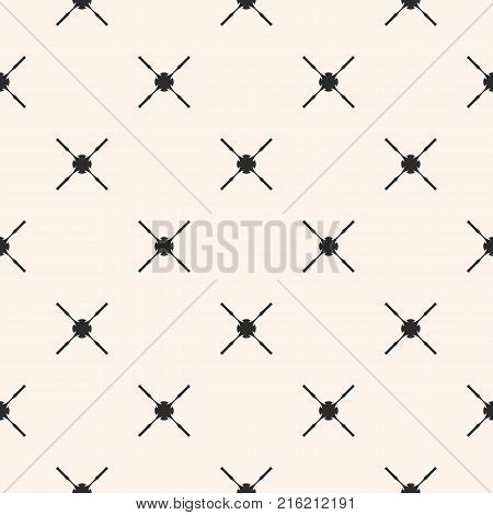 Abstract geometric seamless pattern with simple figures, carved crosses. Black and white ornamental texture. Elegant minimalist background, repeat tiles. Design for decoration prints. - Stock vector. Diagonal pattern.