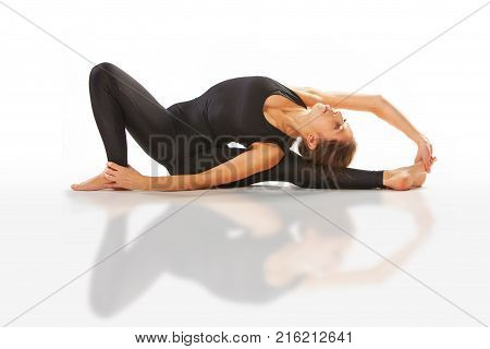 Beautiful Flexible Woman Doing Yoga Poses On White