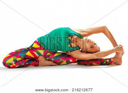 Beautiful Flexible Woman Doing Yoga Poses On White