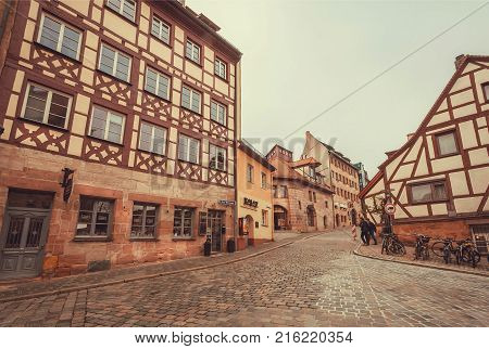 NUREMBERG, GERMANY - NOVEMBER 15, 2017: Old Bavarian city with cobbled stone streets and traditional houses on November 15, 2017. Nurnberg is second-largest city in Bavaria popul. 763854.
