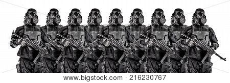 Line of futuristic nazi soldiers in gas mask and steel helmet with schmeisser handgun isolated on white studio shot half length portrait