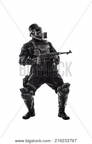 Futuristic nazi soldier gas mask and steel helmet with schmeisser handgun isolated on white studio shot full body portrait