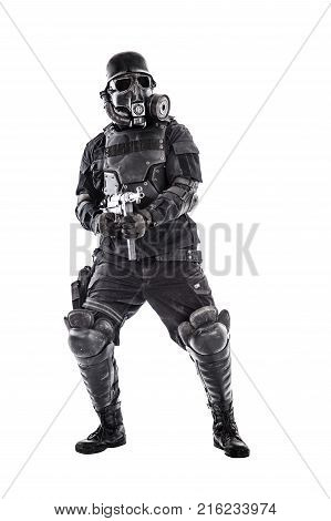 Futuristic nazi soldier gas mask and steel helmet with schmeisser handgun isolated on white studio shot full body portrait