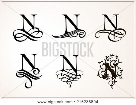Vintage Set . Capital Letter N for Monograms and Logos. Beautiful Filigree Font. Victorian Style