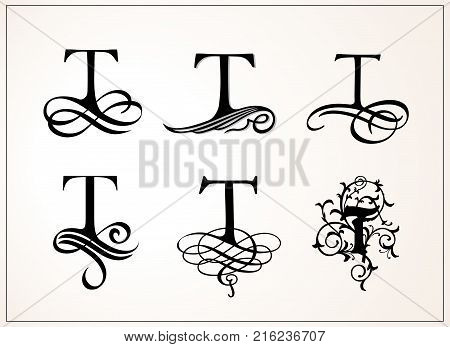 Vintage Set . Capital Letter T for Monograms and Logos. Beautiful Filigree Font. Victorian Style