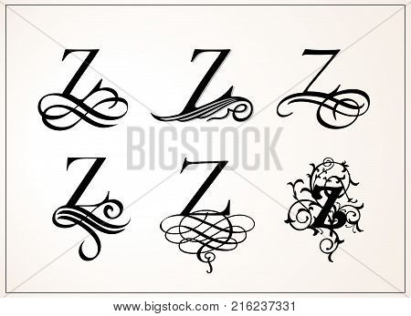 Vintage Set . Capital Letter Z for Monograms and Logos. Beautiful Filigree Font. Victorian Style