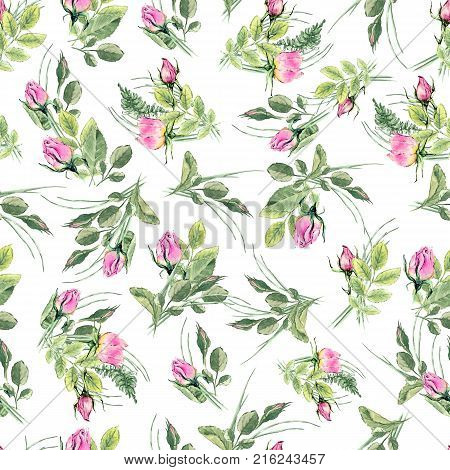 Seamless pattern with hand drawn watercolor eglantine