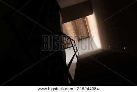 Light On End Of Building Coridor, View From Above