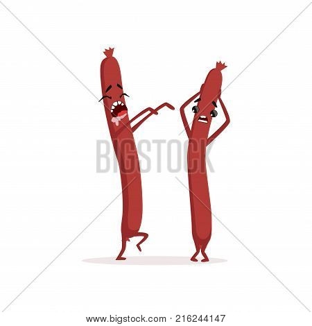 Creepy thin sausage walking like zombie. Other frankfurter holding his head in fright. Cartoon meat characters isolated on white background. Flat vector illustration design for sticker, card or poster