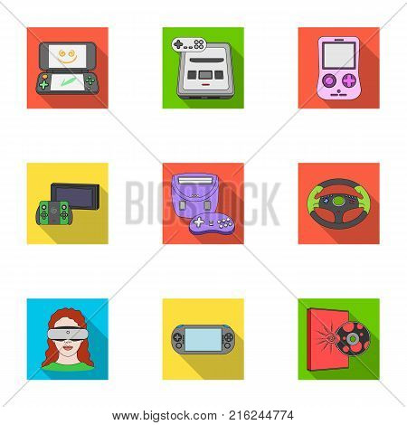 Game console and virtual reality flat icons in set collection for design.Game Gadgets vector symbol stock illustration.