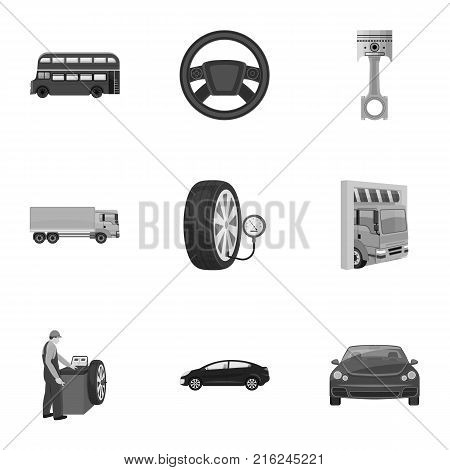 Car, lift, pump and other equipment monochrome icons in set collection for design. Car maintenance station vector symbol stock illustration .