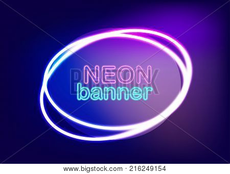 Label template fashion 80s-90s. Electricity light text message frame. Dark blue colored blank mock up background. Glow festive modern flare shine. Neon empty sale banner vector illustration.