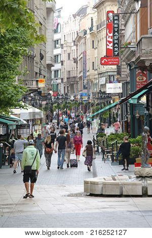 BUDAPEST HUNGARY - JULY 13 2015: People Walking at Vaci Street Reserved For Pedestrians in Downtown Budapest Hungary.