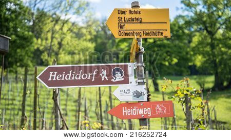 Maienfeld Switzerland - May 2017: Sign of Heididorf the village of Heidi in Switzerland