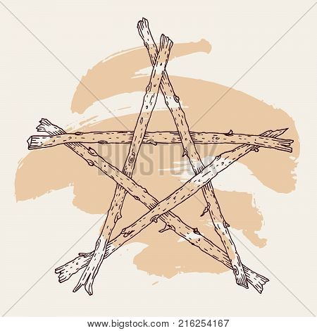 Hand drawn wooden sticks pentagram icon magic occult wicca star symbol. Vector illustration in brown over beige with brush stroke.