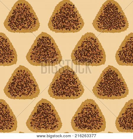 Japanese rice balls fried with soy sauce. Japanese cuisine. Seamless pattern. Vegetarian snack. Lunch background. Sticky rice. Vegan dish.