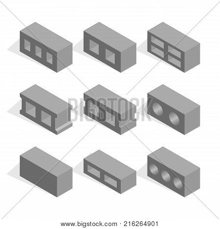 Set of different shapes cinder blocks view to the left. Elements of the design of building materials. Flat 3d isometric style vector illustration.
