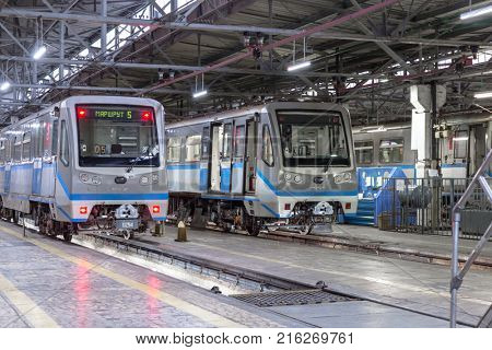 Moscow, Russia - October 27, 2017: Subway train metro depot Krasnaya presnya