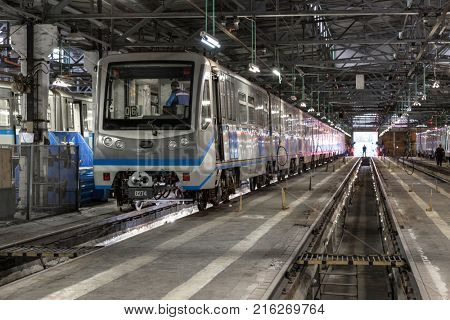 Moscow, Russia - October 27, 2017: Subway train metro depot Krasnaya presnya
