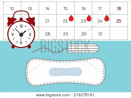Feminine hygiene products vector illustration. A tampon and daily menstrual pad. Alarm clock and a blood period calendar. Menstruation period pain protection blood drops in monthlies